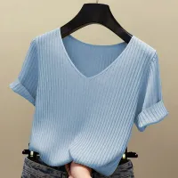 Summer V-Neck Ribbed Pullover Sweater thumbnail 3