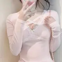 Pink Lace Bow V-neck T-shirt thumbnail 2