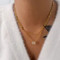 Double Layer Bead Chain Zircon Pendant Necklace thumbnail 4