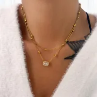 Double Layer Bead Chain Zircon Pendant Necklace thumbnail 1