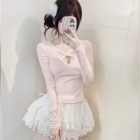 Pink Lace Bow V-neck T-shirt thumbnail 3