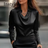 Satin V-Neck Lapel Blouse thumbnail 5