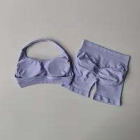 Peach Halter Yoga Bra & Shorts Set thumbnail 2