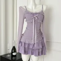 Korean 2-Piece Set: Bow Lace Top & Slim Dress thumbnail 1