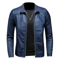 Men's Slim Fit Stand Collar Leather Jacket thumbnail 3
