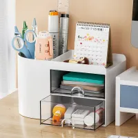 Simple Pen Holder With Drawer Multifunction Desktop Organizer Stationery Storage Box Student Office Desk Decorations thumbnail 2
