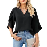 Women Summer Chiffon V-Neck Flare Sleeve Blouse thumbnail 3