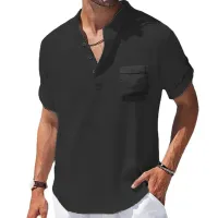 Cotton Linen Henry Collar T-Shirt thumbnail 3