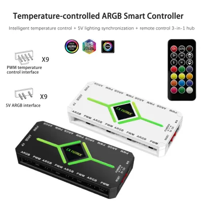 9-Port ARGB PWM Fan Hub with Remote, 5V 3Pin ARGB Sync & 12V 4Pin PWM Temp Controller for PC Case Cooling-Batteries not included