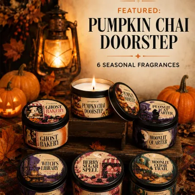 Pumpkin Chai Doorstep Scented Candle Gift Set, Pumpkin Chai & Oak, 6-Pack 3oz Tin Candles with Boxes, Folding Card, Autumn Decor
