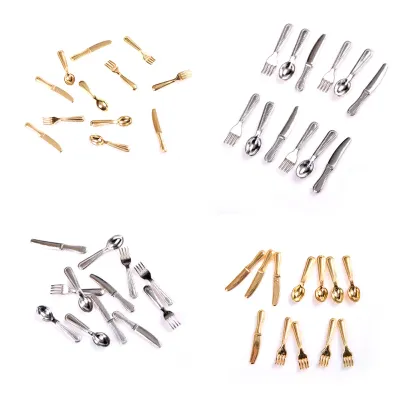 12pcs 1/12 Miniature Knife Fork Spoon Sets Tableware Utensils Dollhouse Accessories For Kitchen Children's toys and family utens