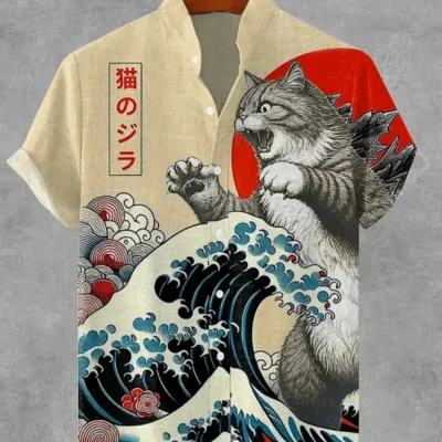 Men's Samurai Hawaiian Shirt Casual Short Sleeve Top Loose Clothing Fashion Retro Summer Shirt