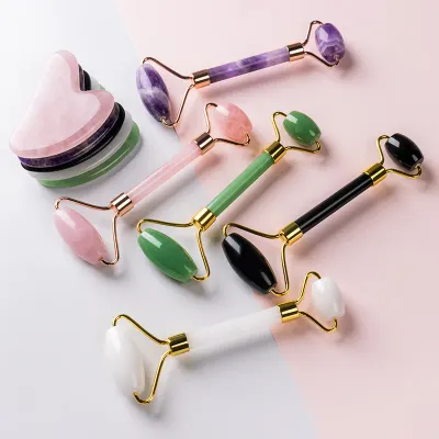 2PCS Natural Jade Gua Sha Set Quartz Roller Scraper Massager For Face Back Massage Gouache Stone Beauty Face Lift Tools