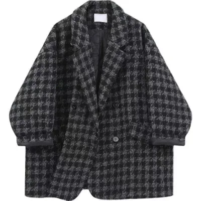 Blazer Women 2022 Winter Houndstooth Thicken Casual Plaid Coat Oversized Winter Clothes Women Long Sleeved Ladies Jacket Fall