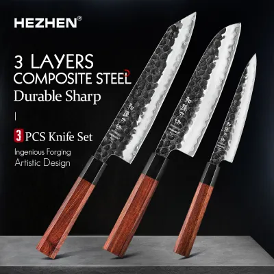 HEZHEN набор кухонных ножей 1-3 шт. шеф-повар, универсальный, сантоку, профессиональный, с покрытой сталью, японский, для мяса, кухонный нож, красное дерево
