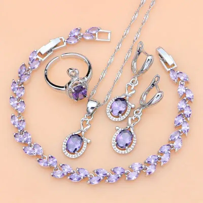 Silver 925 Jewelry Sets for Women Purple Amethyst Birthstone Fashion Long Earrings Bracelet Open Ring Necklace Sets Gift for Her