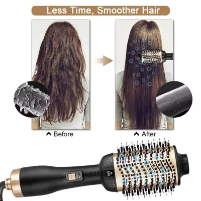 Gold One Step Hair Dryer & Volumizer Magic Brush Straightening Curling Hot Air Rotary Blower Tangle Detangling Comb for Hair