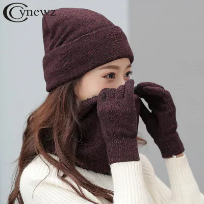 3 Pieces/Set Winter Women Hats Scarves Gloves Kit Fashion Knitted Plus Velvet Hat Scarf Set For Male Female Beanies Scarf Gloves
