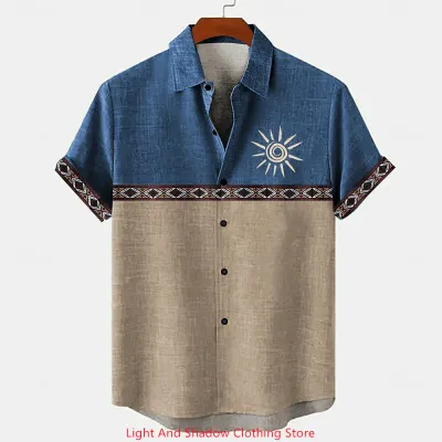 Men's retro linen shirt summer short sleeved patchwork pattern printed short sleeved top button up shirt ethnic clothing