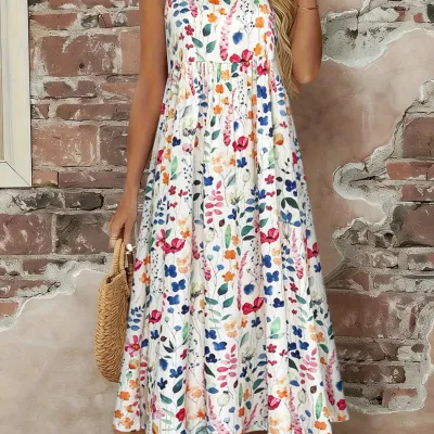 Women's Watercolor Floral Print Sleeveless Midi Dress Summer Casual Round Neck A Line Flowy Sundress