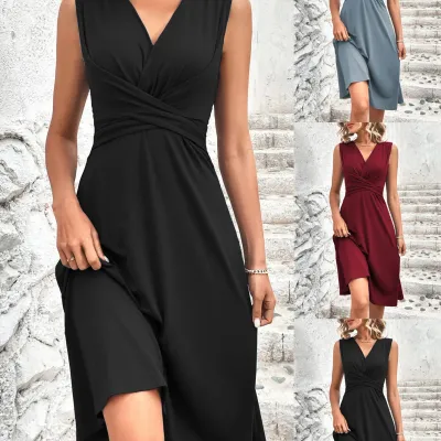 Women's Elegant V Neck Wrap Waist Midi Dress Sleeveless Solid Color Casual Flowy A-Line Summer Dresses