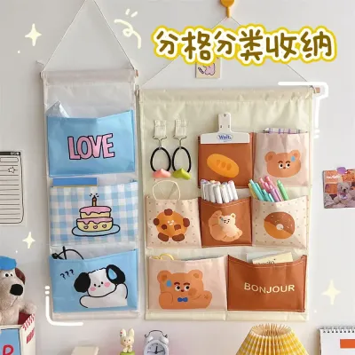 1PCS Cute Wall Storage Bags Wall Hanging 3/7 Pockets Cute Wall Mounted Storage Bag Organizer Kawaii Cartoon Hanging Bag Door
