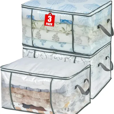 80L Clear Large Storage Bags, 3-Pack, Foldable Clothes Organizer with Sturdy Handles & Zippers for Closet, Underbed, Bedroom