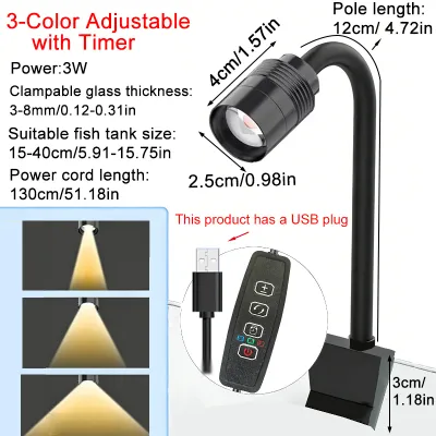 3W South American Aquarium Spotlight 3-Color Dimmable Cycle Timer Zoomable LED Fish Tank Lamp for Aquascape Decor Focus Lighting