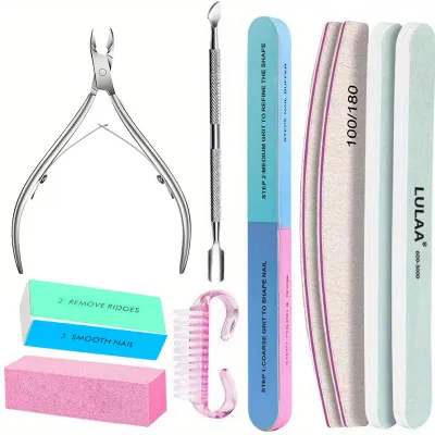 10Pcs Nail Art 100/180 Grit Professional Files Buffer Sponge Block Brush Nail Scissors Kit With Cuticle Nipper Pushers for women