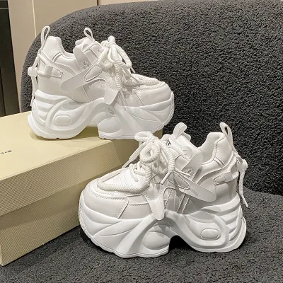 Women High Platform non-slip Sneakers Spring vulcanized Shoes 9.5CM Thick Sole Leather Casual Shoes Chunky Dad Sport Sneakers