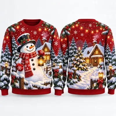 Snowman Village Ugly Christmas Sweater for Men Women Festive Holiday Party Crewneck Pullover Long Sleeve Winter Sweaters