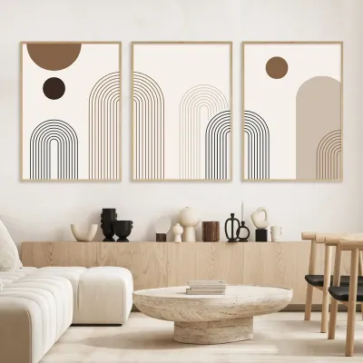 3Pcs Canvas Wall Art Boho Abstract Arch Set, Neutral Geometric Mid‑Century Poster for Living Room Bedroom Gallery Decor