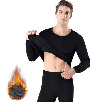 Men's Thermal Underwear Sets Thin Fleece Coldproof Long Johns Base Layer 2 Piece Set Round Neck Lined Thermo Clothing Pajamas