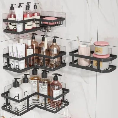 No-Drill Corner Shower Caddy, Rustproof Adhesive Shelves, 4-Pack Black, Holds 40 lbs, Space-Saving Organizer for Dorm & Bathroom