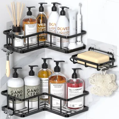 Corner Shower Caddy, 3-Pack Adhesive Rustproof Stainless Steel Shelves with Soap Holder, No Drilling Bathroom Organizer for