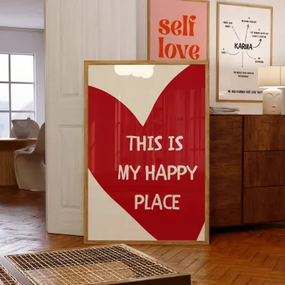 This Is My Happy Place Art Poster Red Heart Text Quotes Printed Canvas Painting Modern Minimalist Wall Art Home Bedroom Decor