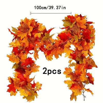 2pcs 39.37inch Faux Maple Leaf Garlands - Realistic Autumn Red,Orange,Artificial Fallen Leaves Vine, for Thanksgiving, Halloween