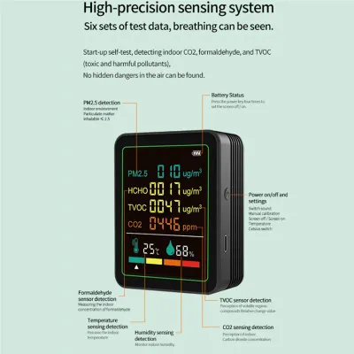 BAAY MT07WT 6-In-1 Indoor Air Quality Monitor PM2.5 Household HCHO TVOC CO2 Temperature Humidity Portable Tester For Home Use Wh