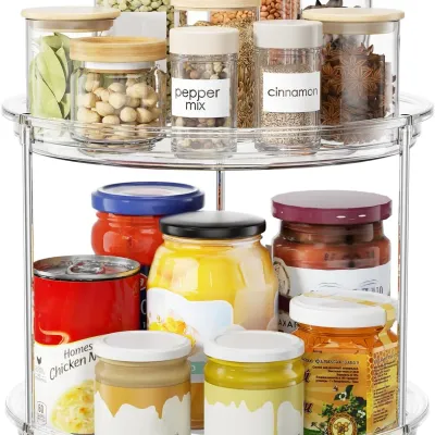 2 Tier Lazy Susan Organizer, 9.25'' Stackable Turntable for Cabinet, Rotating Spice Rack for Kitchen Countertop, Pantry, Bathroom, Clear