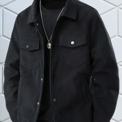 Men's Casual Black Corduroy Jacket Vintage Trucker Style Long Sleeve Button Up Coat