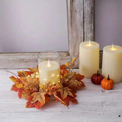 1pc Autumn Harvest Christmas Candle Holder Decor Faux Maple Leaf Wreath Home Holiday Table Centerpieces Festive Party Decoration