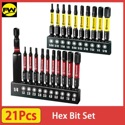 21Pcs Hex Bit Set, S2 Alloy Steel Allen Wrench Drill Bit Set with Magnetic Tips, 1/4 Hex-Shank 2" Impact Allen Key Bits Set
