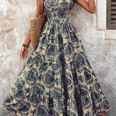 2026 Vintage Floral Print Dress Elegant V-Neck Short Sleeve Long Women's Fashion Retro Gown