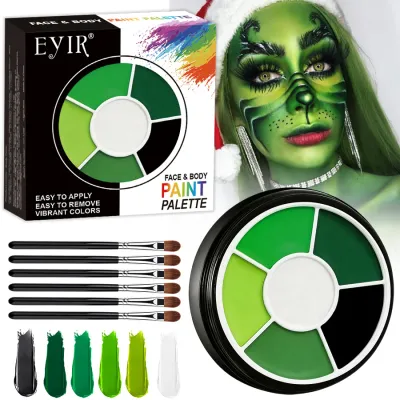 EYIR Green Black White Face Body Paint Palette 6 Colors Water Activated SFX Makeup Kit With 6 Brushes Halloween Cosplay Festival