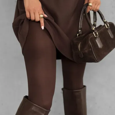 Women's Coffee Brown Opaque Tights High Stretch Solid Color Footed Pantyhose for Fall Winter