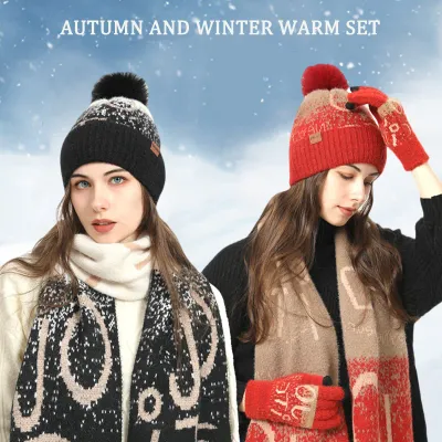 3pcs/set Winter Women's Beanie Hat Long Scarf  Set TouchScreen Gloves Warm Knitted For Winter Outside Sports Skiing Running