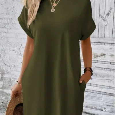 Summer New Fashion Boho Resort Style Pure Colors Beach Dresses For Women O Neck CasualLoose Short Sleeve Pocket Mini Dress