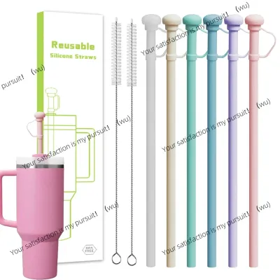 Reusable Long Silicone Straw Replacement with Cover for Stanley Cup Compatible with 30oz/40oz Insulated Bottles - Drinking Straw