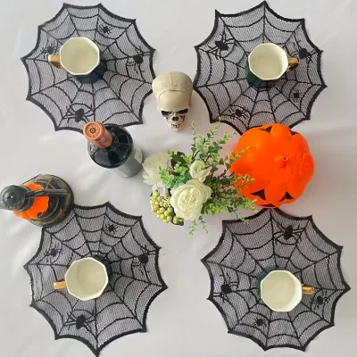 2/4/6Pcs Spider Web Placemats for Halloween Party Home Dinner Table Decoration Black Lace Polyester Tablecloth Cup Plate Mats