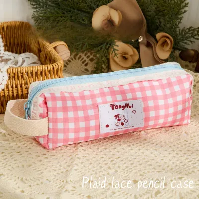 1 Piece Korean Fashion Causal Pencil Pouch for Kids Girl Lace Ruffle Sweet Plaid Stationery Organizer Back To School Student